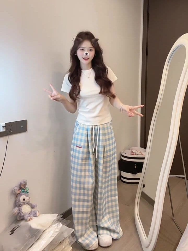 봄 여름 새로운 소금 달콤한 부서 착용 가져 가라. 한 부서 몸매 가꾸기 달콤한 자매 얕은 어린이 자수 소녀 캐주얼 다용도 하이웨이스트 와이드 레그 팬츠 상세 이미지 7