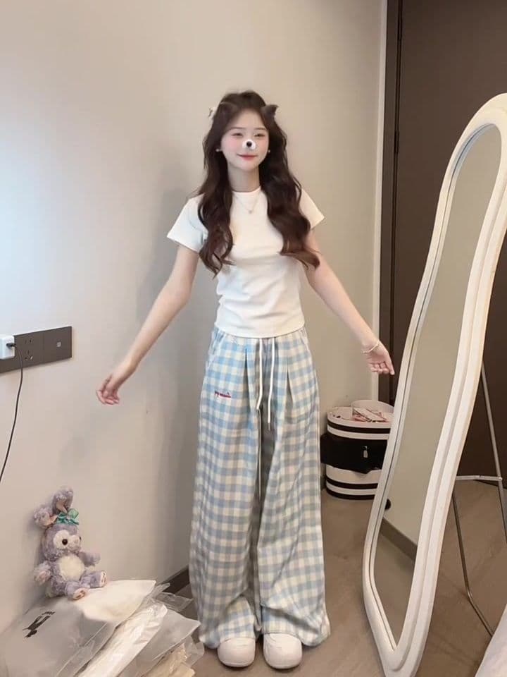 봄 여름 새로운 소금 달콤한 부서 착용 가져 가라. 한 부서 몸매 가꾸기 달콤한 자매 얕은 어린이 자수 소녀 캐주얼 다용도 하이웨이스트 와이드 레그 팬츠 상세 이미지 8
