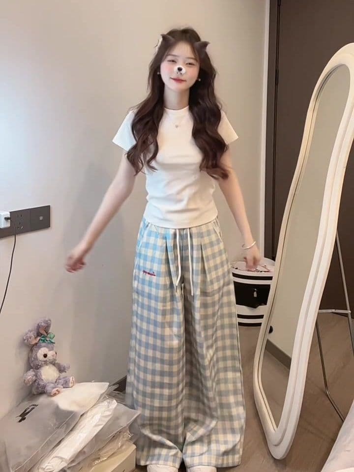 봄 여름 새로운 소금 달콤한 부서 착용 가져 가라. 한 부서 몸매 가꾸기 달콤한 자매 얕은 어린이 자수 소녀 캐주얼 다용도 하이웨이스트 와이드 레그 팬츠 상세 이미지 9