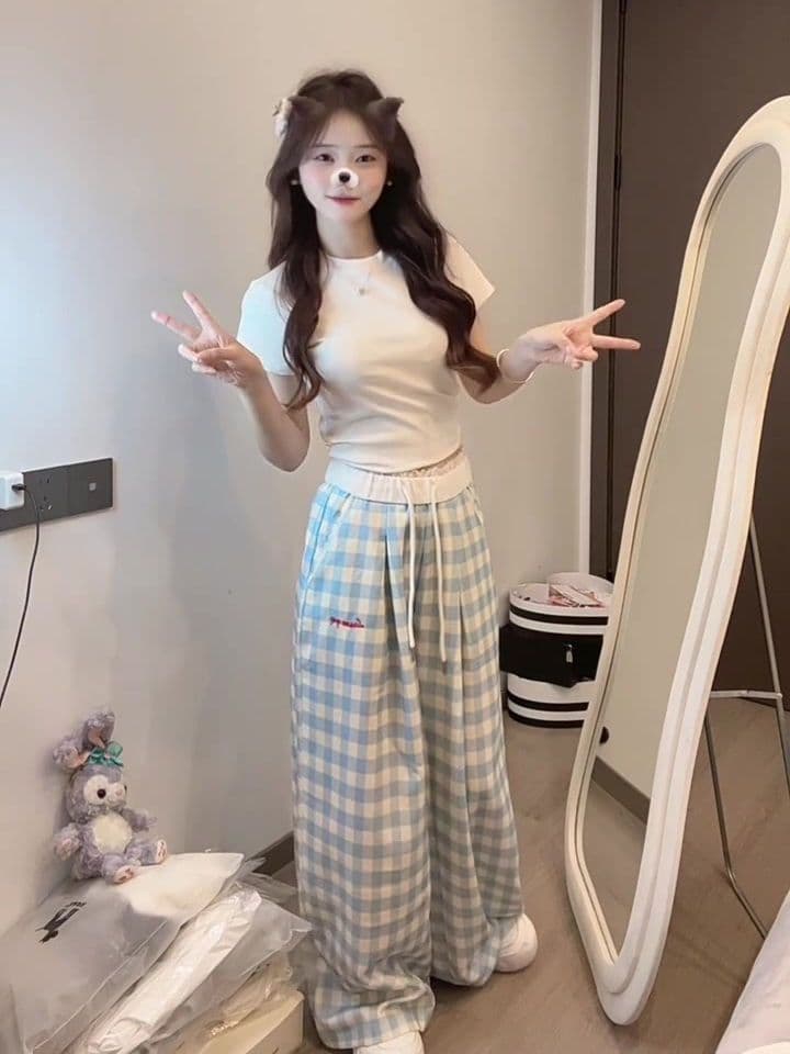 봄 여름 새로운 소금 달콤한 부서 착용 가져 가라. 한 부서 몸매 가꾸기 달콤한 자매 얕은 어린이 자수 소녀 캐주얼 다용도 하이웨이스트 와이드 레그 팬츠 상세 이미지 10