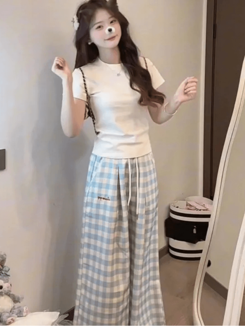 봄 여름 새로운 소금 달콤한 부서 착용 가져 가라. 한 부서 몸매 가꾸기 달콤한 자매 얕은 어린이 자수 소녀 캐주얼 다용도 하이웨이스트 와이드 레그 팬츠 상세 이미지 13