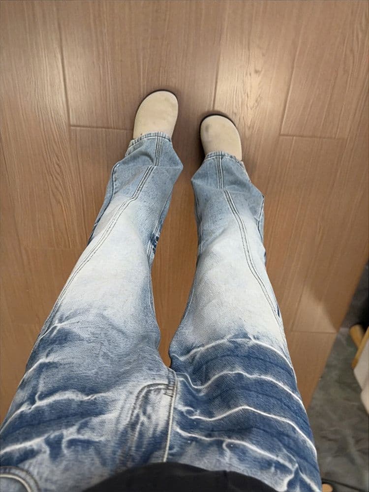 파란색 번개 곡물 잘 생긴 청바지 남성과 여성 조수 브랜드 커플 경 사진 스트레이트 팬츠 중성 아메리칸 부츠컷 바지 상세 이미지 5