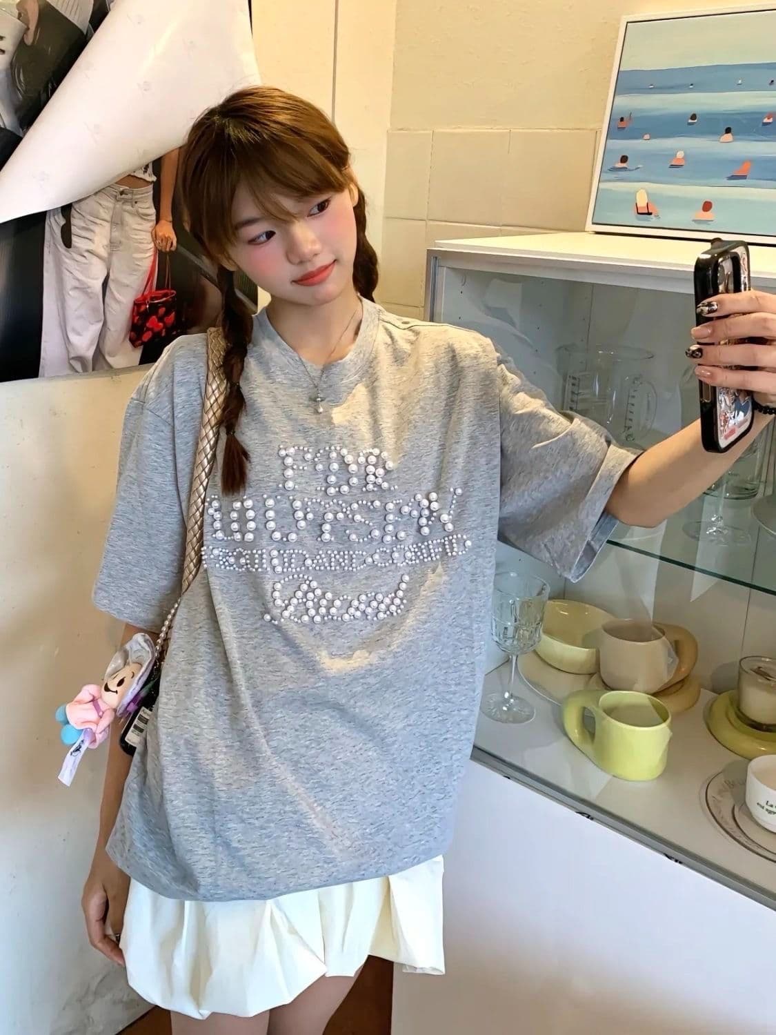 아메리칸 새로운 비즈 박기 커플 티셔츠 ins 여름 무거운 순면 캐주얼 반팔 남녀 같은 단락 달콤한 자매 동정 상세 이미지 1