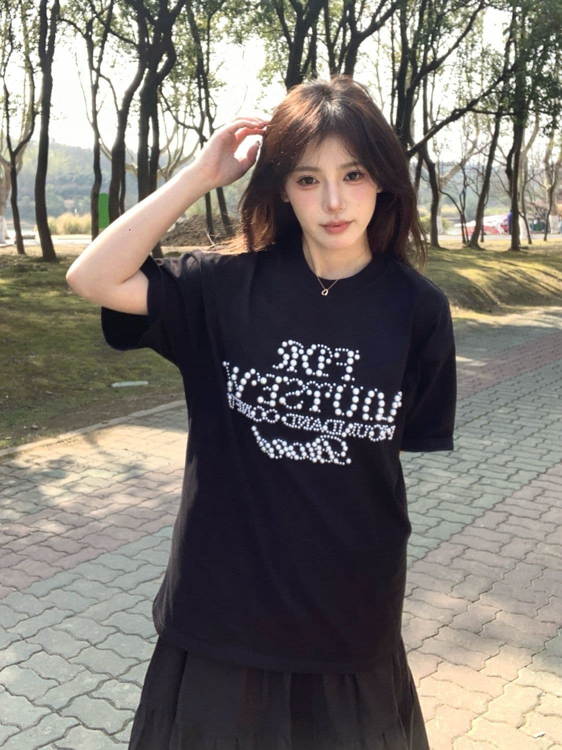아메리칸 새로운 비즈 박기 커플 티셔츠 ins 여름 무거운 순면 캐주얼 반팔 남녀 같은 단락 달콤한 자매 동정 상세 이미지 3