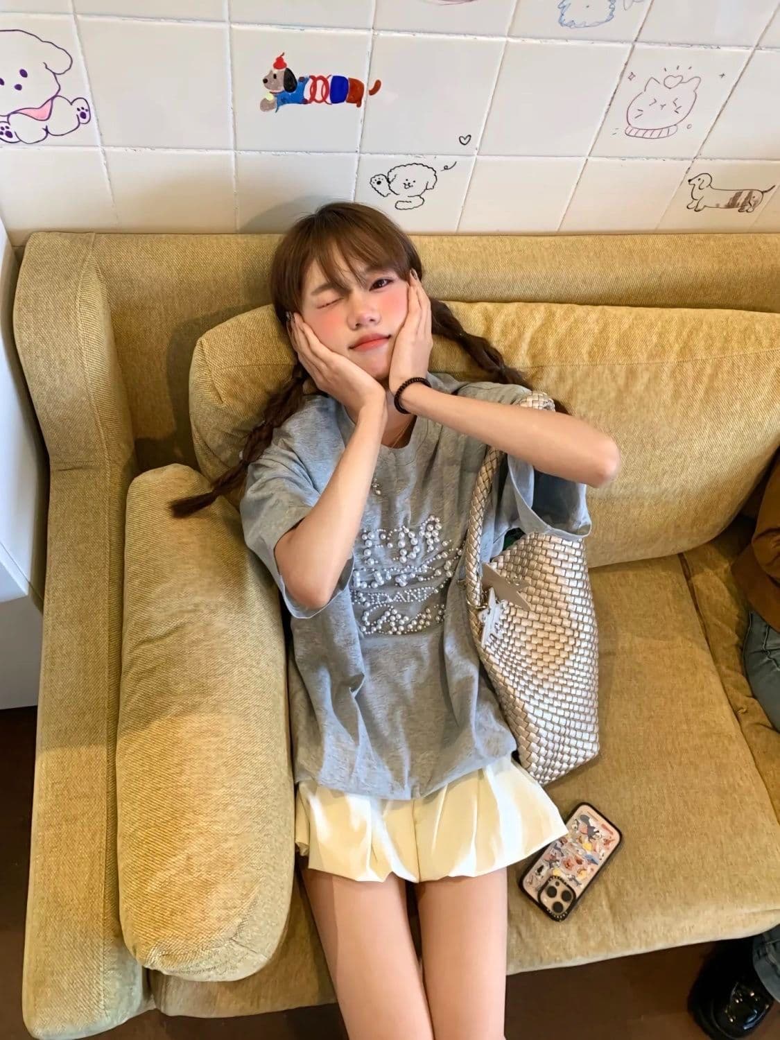아메리칸 새로운 비즈 박기 커플 티셔츠 ins 여름 무거운 순면 캐주얼 반팔 남녀 같은 단락 달콤한 자매 동정 상세 이미지 5