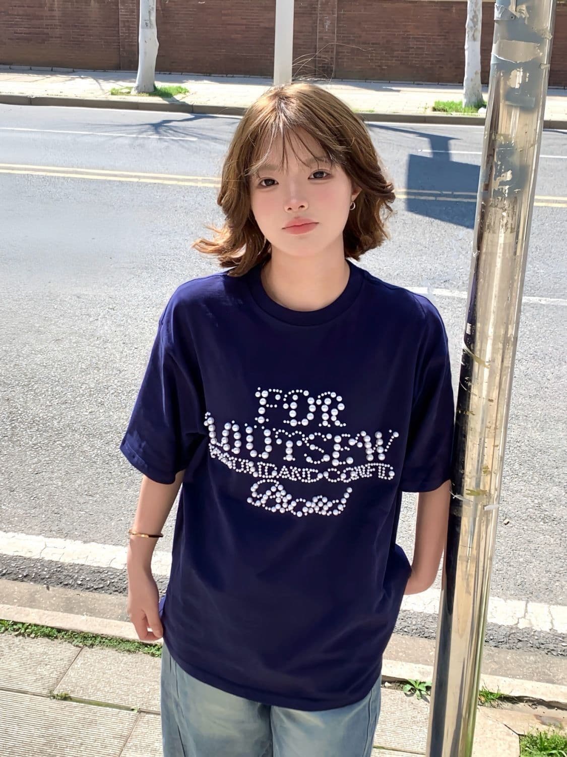 아메리칸 새로운 비즈 박기 커플 티셔츠 ins 여름 무거운 순면 캐주얼 반팔 남녀 같은 단락 달콤한 자매 동정 상세 이미지 6