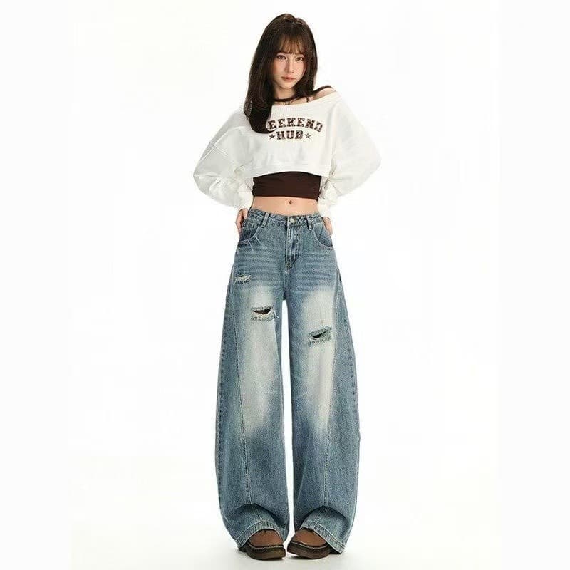 아메리칸 레트로 마 오래된 루즈핏 커플 찢어진 부분 청바지 남녀 봄 여름 새로운 높음 거리 넓은 다리 바닥 청소 스트레이트 팬츠