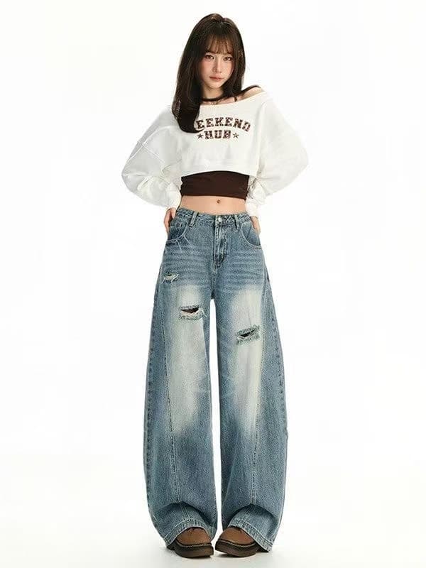 아메리칸 레트로 마 오래된 루즈핏 커플 찢어진 부분 청바지 남녀 봄 여름 새로운 높음 거리 넓은 다리 바닥 청소 스트레이트 팬츠 상세 이미지 1