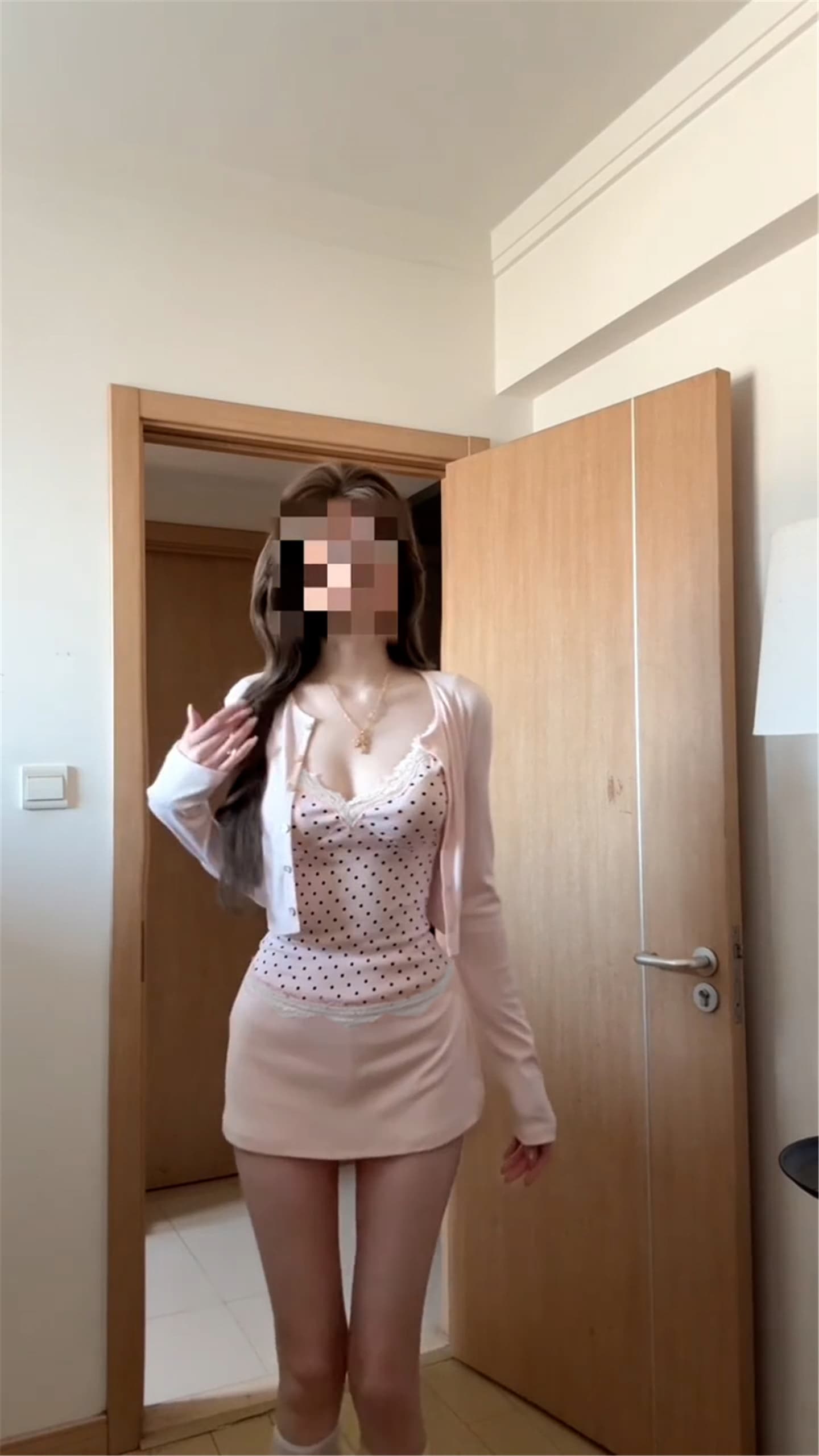 원본 선적 화이트 워터 여성 부드러운 바람 도트 무늬 레이스 슬립 핑크색 오픈 가디건 하이웨이스트 미니 스커트 순수한 욕망 3종 세트 상세 이미지 3