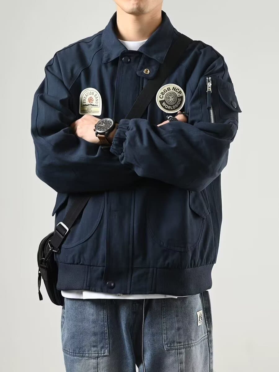 휘장 폴로 칼라 파일럿 재킷 맨위 남녀 봄 가을 캐주얼 아메리칸 레트로 커플 워크웨어 야구 스타일 칼라 재킷