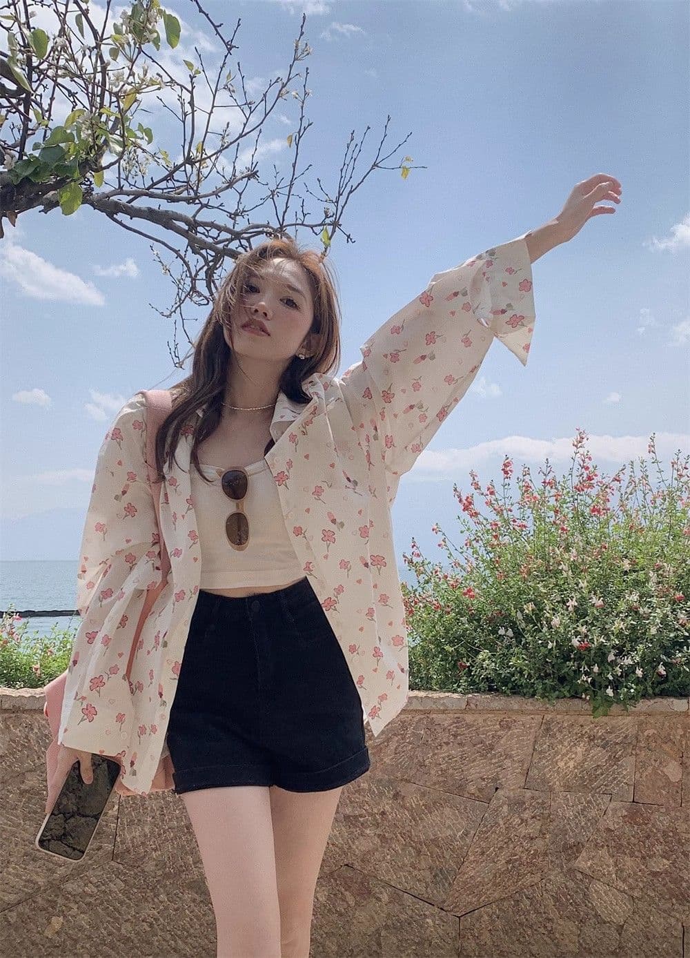 달콤함 꽃무늬 POLO 칼라 여성 셔츠 봄 여름 얇은 스타일 자외선 차단 루즈핏 다용도 오픈 가디건 부드러운 품격 작은 대중 맨위 상세 이미지 6