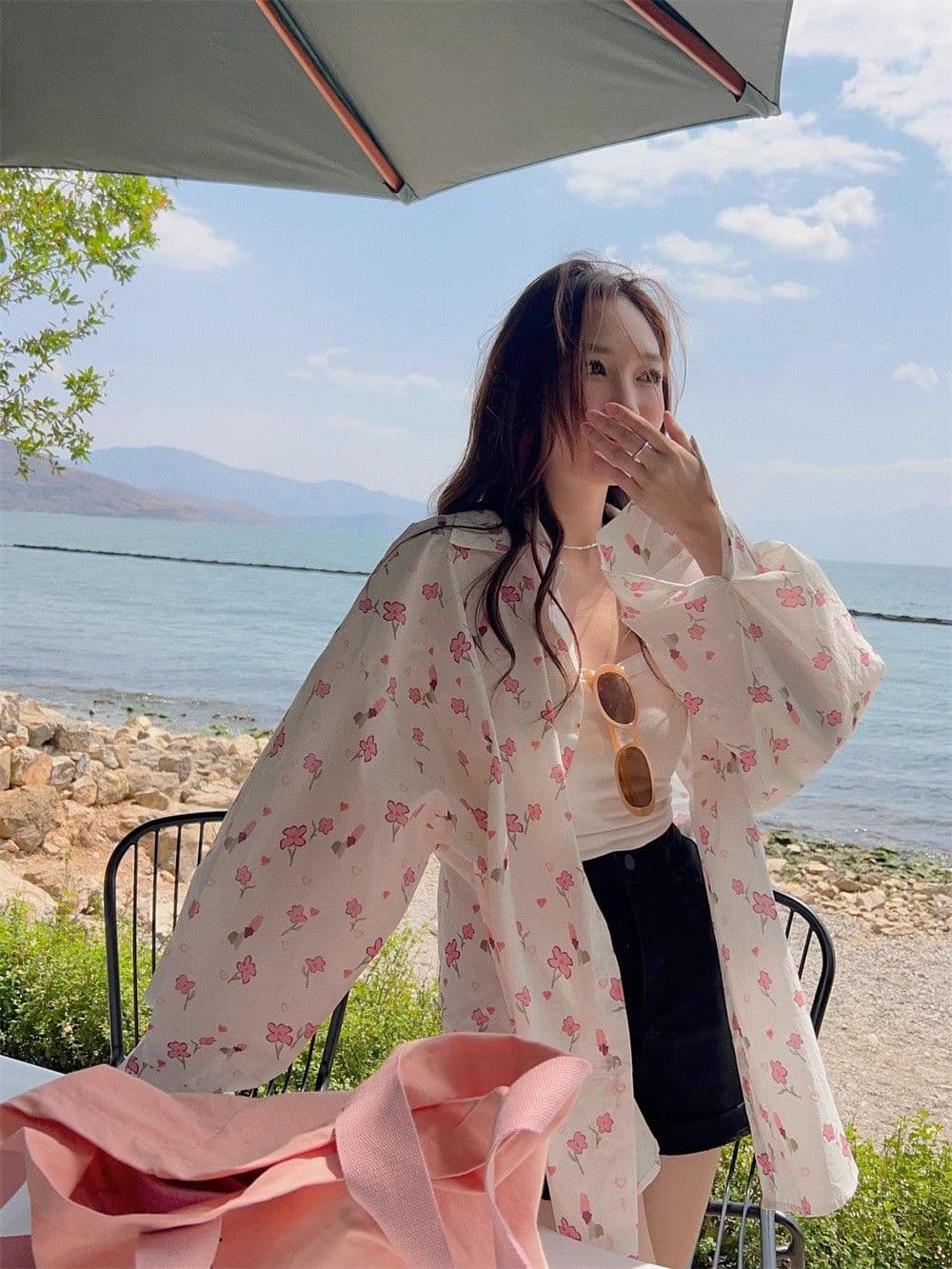 달콤함 꽃무늬 POLO 칼라 여성 셔츠 봄 여름 얇은 스타일 자외선 차단 루즈핏 다용도 오픈 가디건 부드러운 품격 작은 대중 맨위 상세 이미지 16