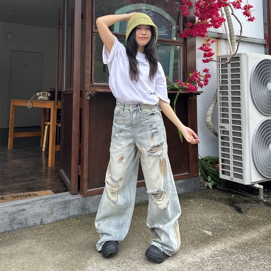 봄 가을 여름 아메리칸 레트로 찢어진 부분 청바지 남녀 루즈핏 넓은 다리 모통이 칼 바지 커플 작은 대중 디자인 긴 바지 이미지 2