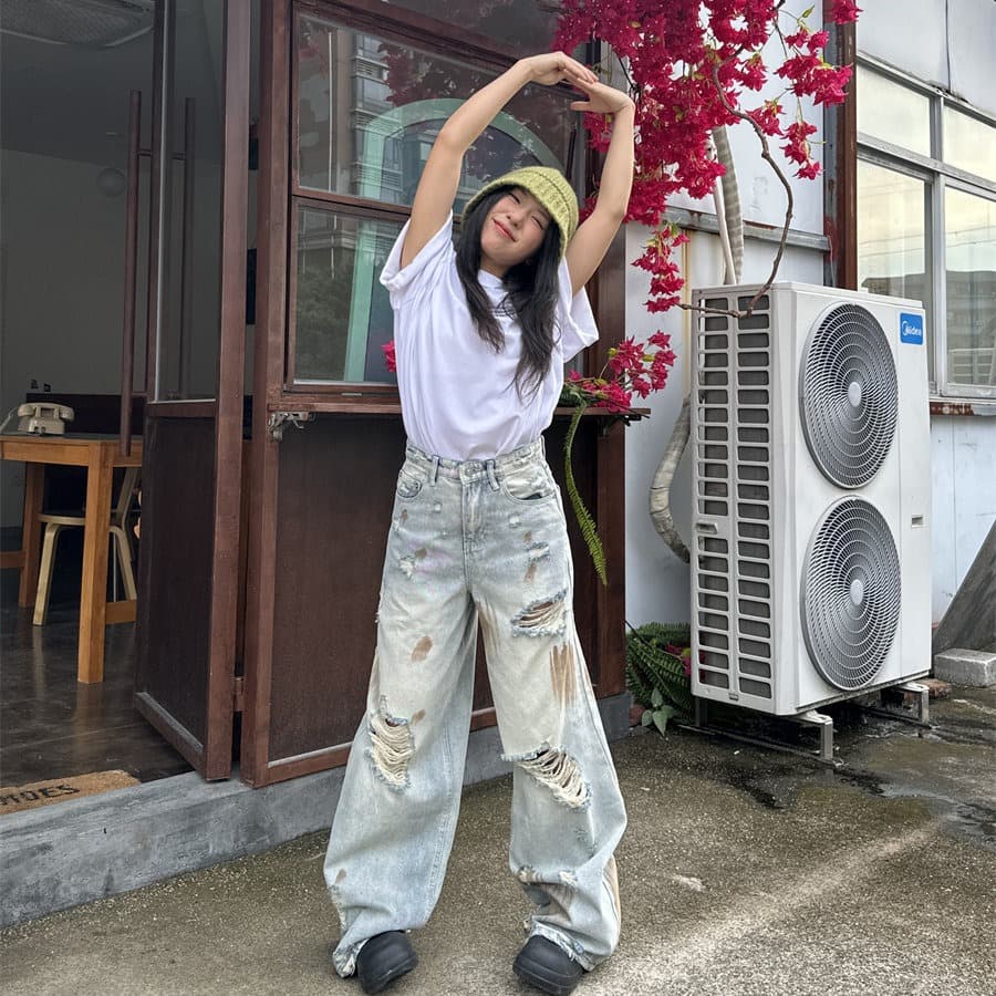 봄 가을 여름 아메리칸 레트로 찢어진 부분 청바지 남녀 루즈핏 넓은 다리 모통이 칼 바지 커플 작은 대중 디자인 긴 바지 이미지 3