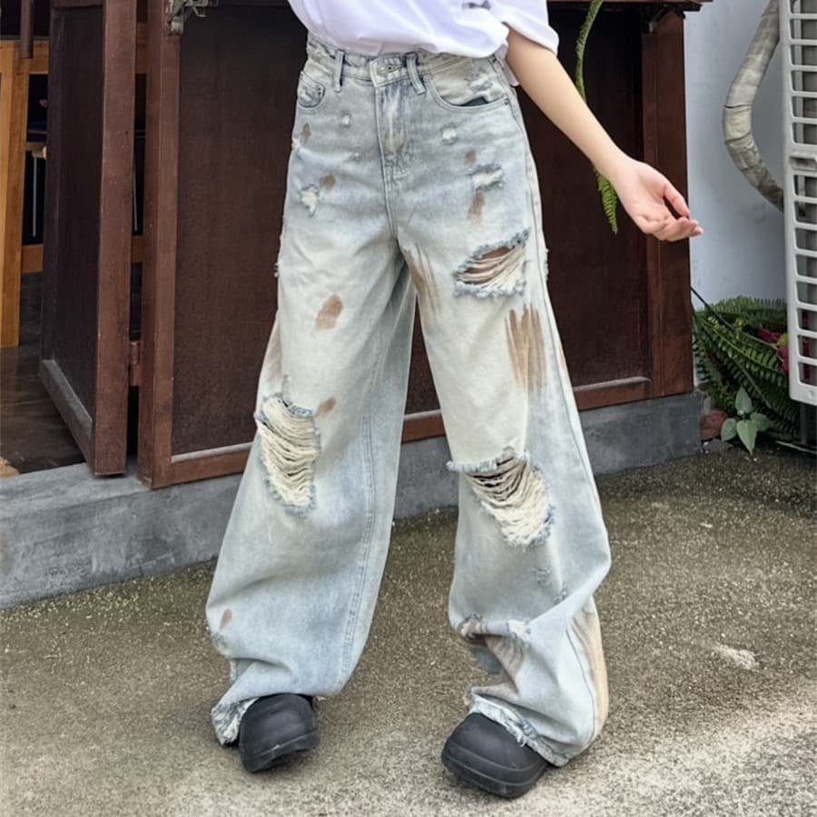 봄 가을 여름 아메리칸 레트로 찢어진 부분 청바지 남녀 루즈핏 넓은 다리 모통이 칼 바지 커플 작은 대중 디자인 긴 바지 이미지 4