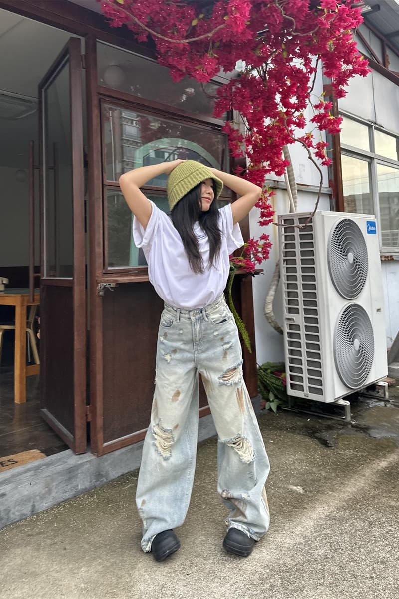 봄 가을 여름 아메리칸 레트로 찢어진 부분 청바지 남녀 루즈핏 넓은 다리 모통이 칼 바지 커플 작은 대중 디자인 긴 바지 이미지 6