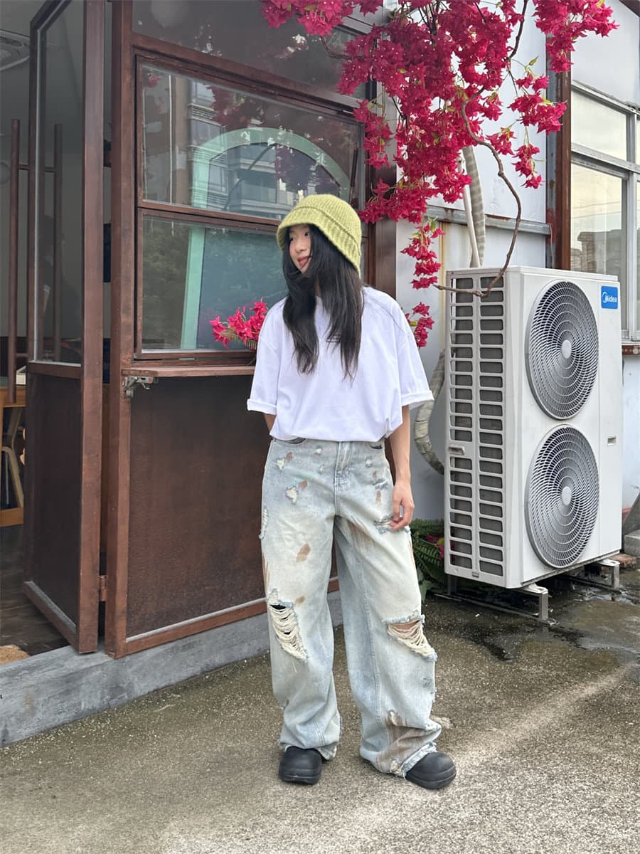 봄 가을 여름 아메리칸 레트로 찢어진 부분 청바지 남녀 루즈핏 넓은 다리 모통이 칼 바지 커플 작은 대중 디자인 긴 바지 상세 이미지 1