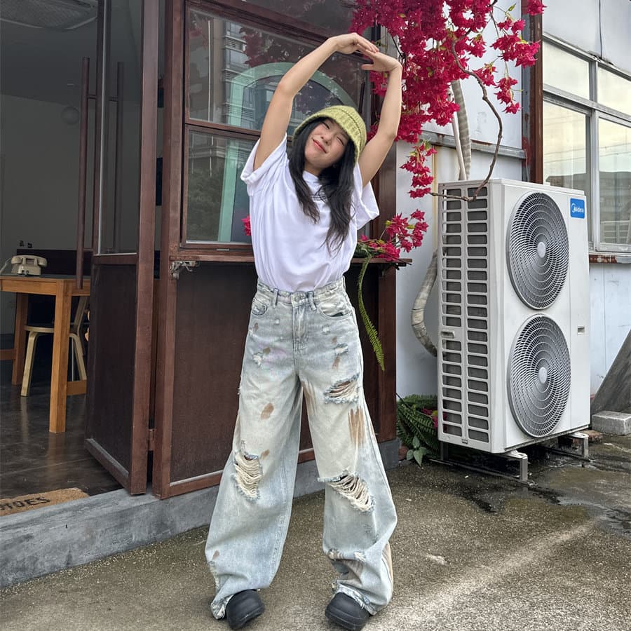 봄 가을 여름 아메리칸 레트로 찢어진 부분 청바지 남녀 루즈핏 넓은 다리 모통이 칼 바지 커플 작은 대중 디자인 긴 바지 상세 이미지 4