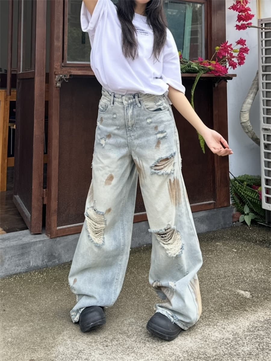 봄 가을 여름 아메리칸 레트로 찢어진 부분 청바지 남녀 루즈핏 넓은 다리 모통이 칼 바지 커플 작은 대중 디자인 긴 바지 상세 이미지 5
