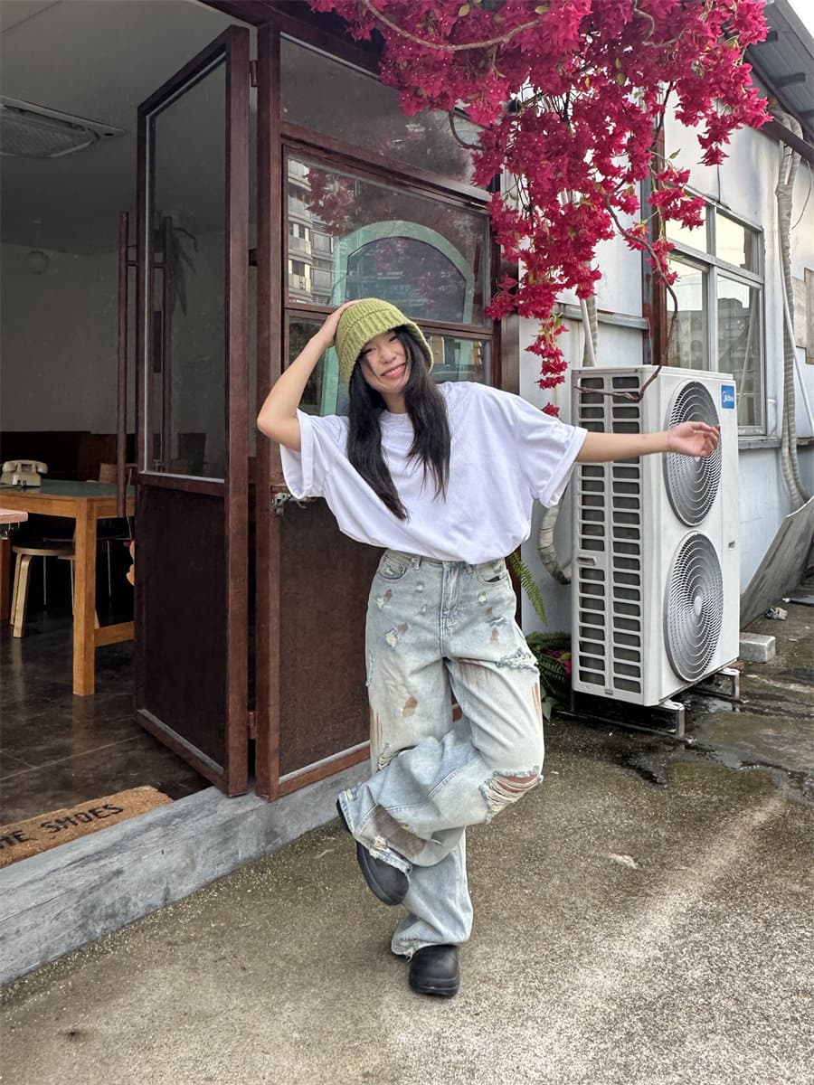 봄 가을 여름 아메리칸 레트로 찢어진 부분 청바지 남녀 루즈핏 넓은 다리 모통이 칼 바지 커플 작은 대중 디자인 긴 바지 상세 이미지 6