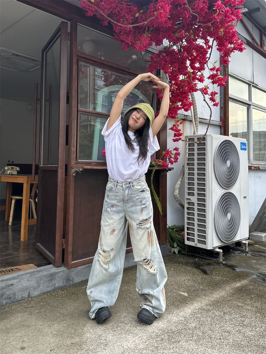 봄 가을 여름 아메리칸 레트로 찢어진 부분 청바지 남녀 루즈핏 넓은 다리 모통이 칼 바지 커플 작은 대중 디자인 긴 바지 상세 이미지 8