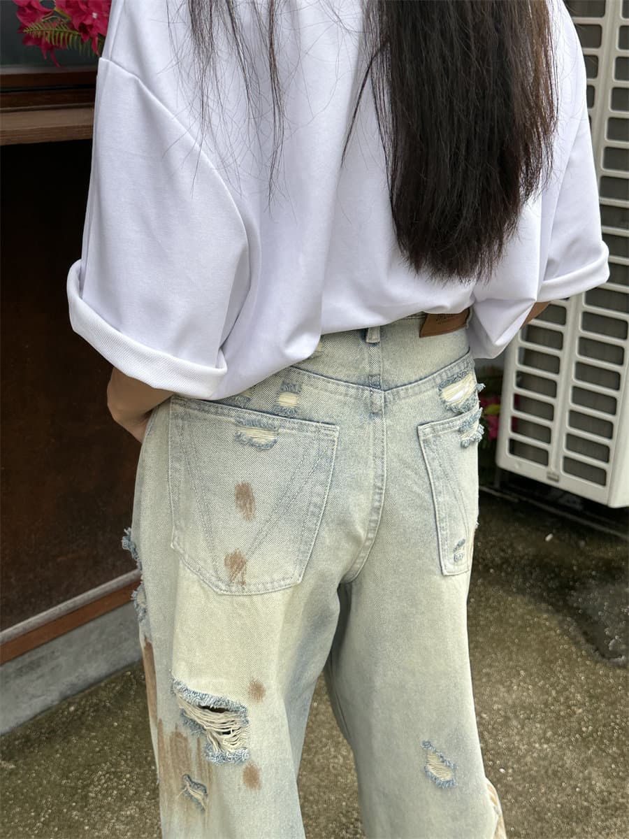 봄 가을 여름 아메리칸 레트로 찢어진 부분 청바지 남녀 루즈핏 넓은 다리 모통이 칼 바지 커플 작은 대중 디자인 긴 바지 상세 이미지 9