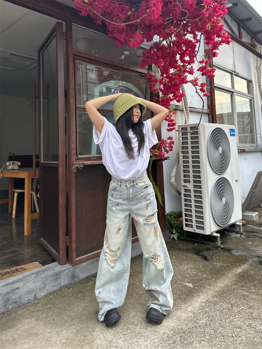 봄 가을 여름 아메리칸 레트로 찢어진 부분 청바지 남녀 루즈핏 넓은 다리 모통이 칼 바지 커플 작은 대중 디자인 긴 바지 상세 이미지 10