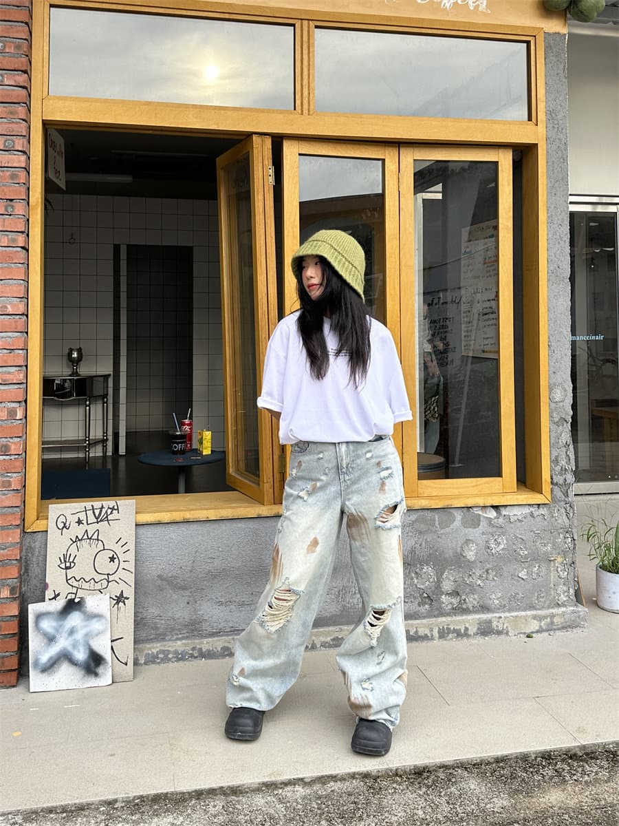 봄 가을 여름 아메리칸 레트로 찢어진 부분 청바지 남녀 루즈핏 넓은 다리 모통이 칼 바지 커플 작은 대중 디자인 긴 바지 상세 이미지 11