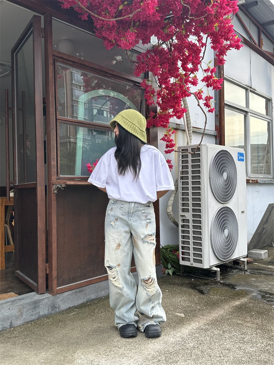 봄 가을 여름 아메리칸 레트로 찢어진 부분 청바지 남녀 루즈핏 넓은 다리 모통이 칼 바지 커플 작은 대중 디자인 긴 바지 상세 이미지 12