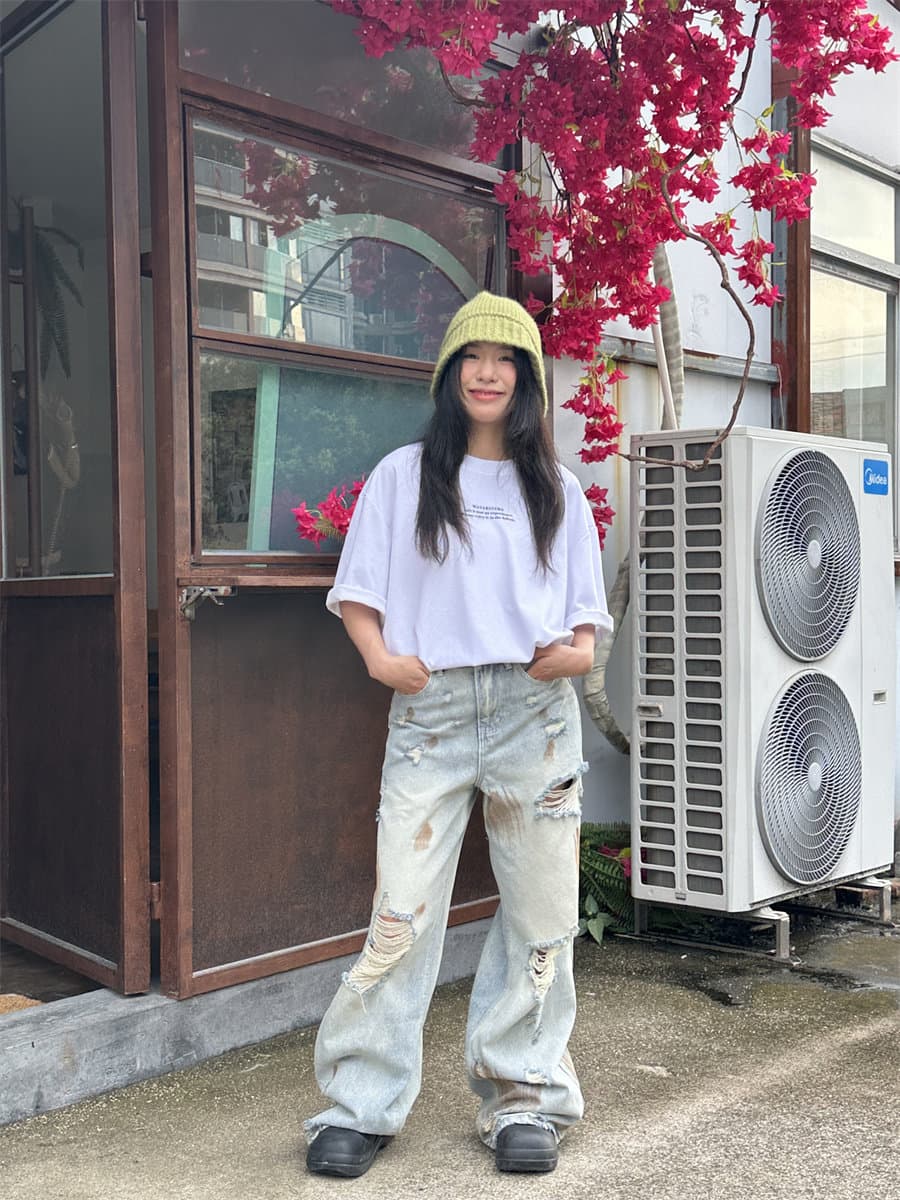 봄 가을 여름 아메리칸 레트로 찢어진 부분 청바지 남녀 루즈핏 넓은 다리 모통이 칼 바지 커플 작은 대중 디자인 긴 바지 상세 이미지 13
