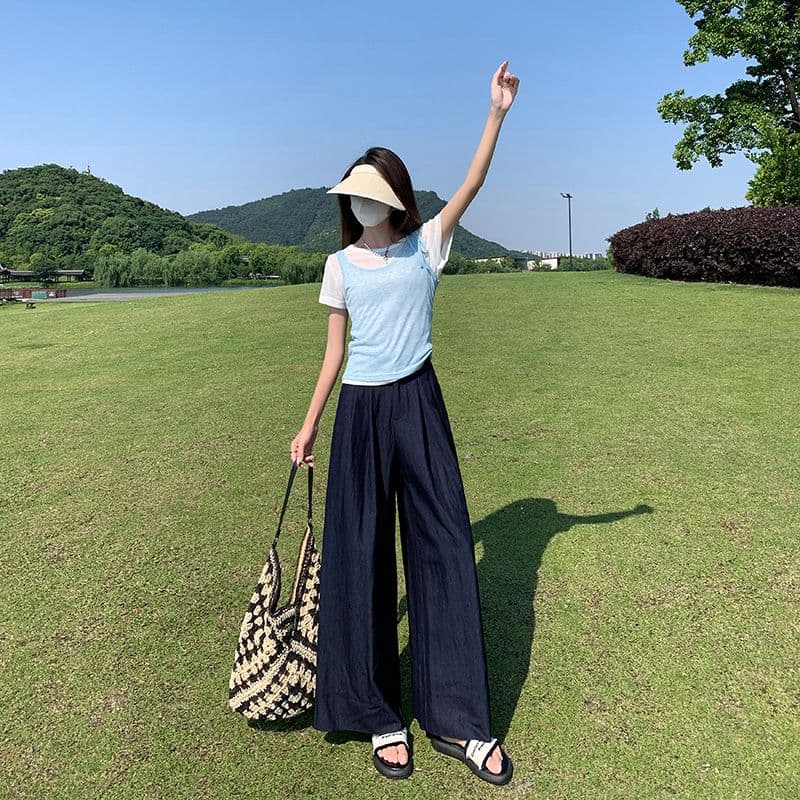 실사 고급 맞춤 주간 실크 면 린넨 수직 감기 와이드 레그 팬츠 다용도 새로운 캐주얼 루즈핏 바닥 청소 바지