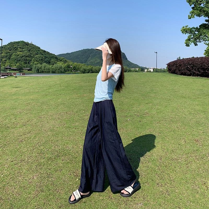실사 고급 맞춤 주간 실크 면 린넨 수직 감기 와이드 레그 팬츠 다용도 새로운 캐주얼 루즈핏 바닥 청소 바지 이미지 5