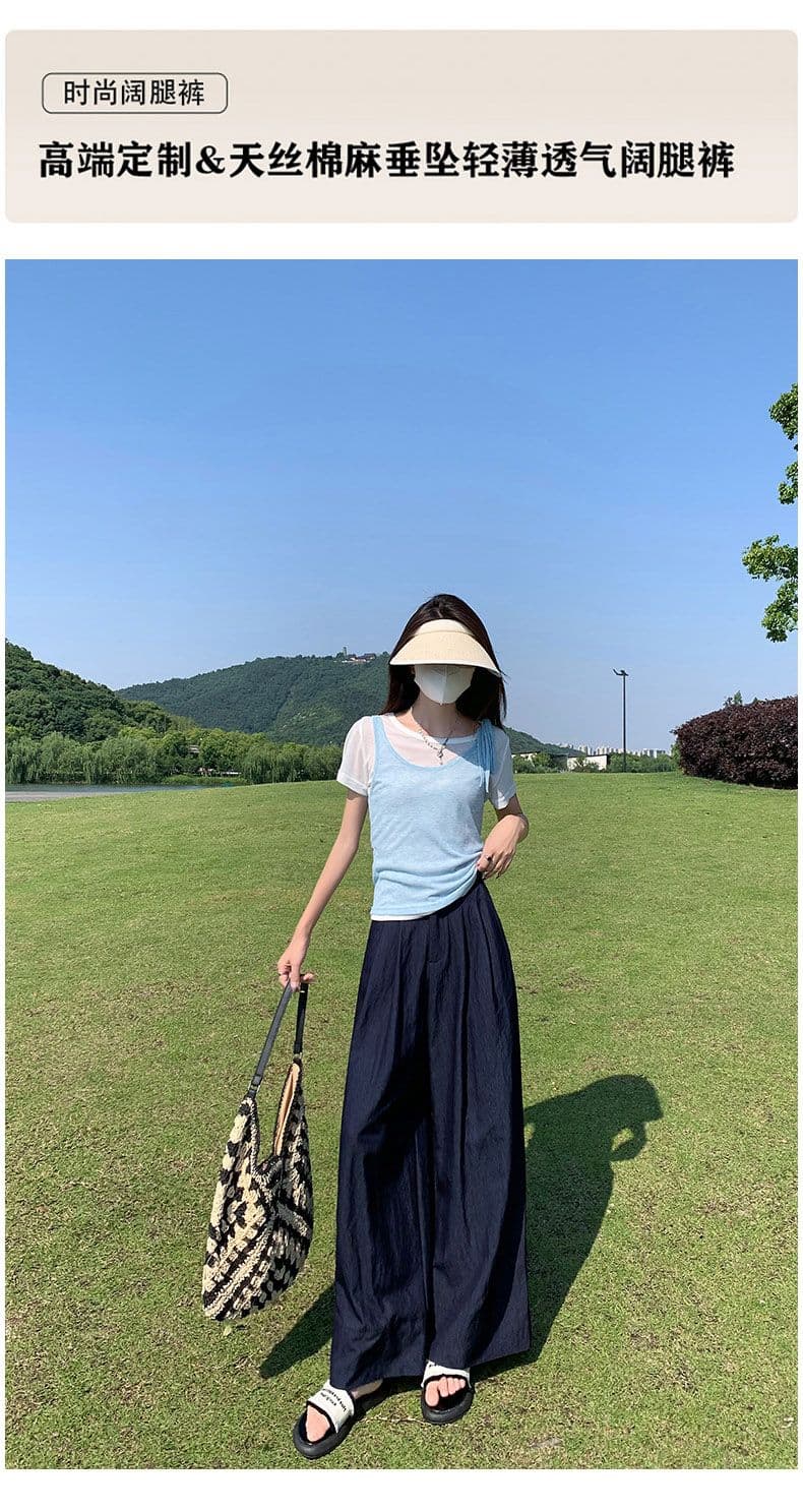 실사 고급 맞춤 주간 실크 면 린넨 수직 감기 와이드 레그 팬츠 다용도 새로운 캐주얼 루즈핏 바닥 청소 바지 상세 이미지 1