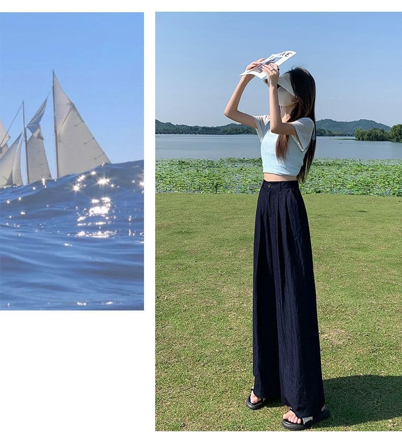 실사 고급 맞춤 주간 실크 면 린넨 수직 감기 와이드 레그 팬츠 다용도 새로운 캐주얼 루즈핏 바닥 청소 바지 상세 이미지 6