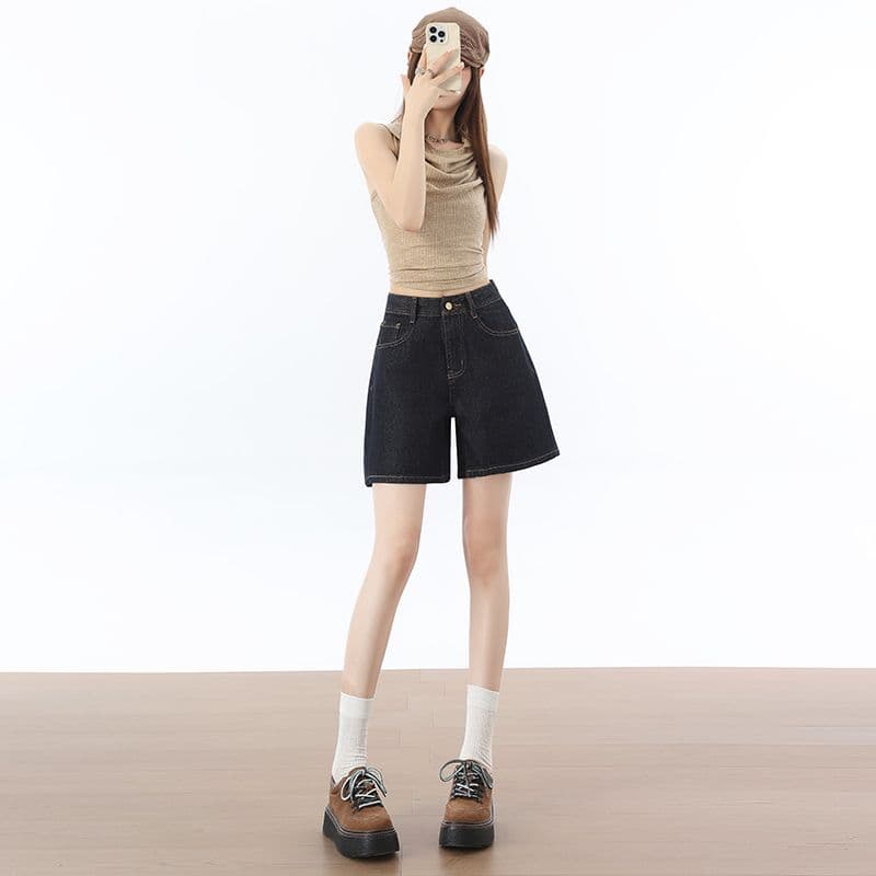 실사 단 닝 블루 자수 반바지 ykk+ 폭발 높은 품질 없음 폭탄 자수 반바지 4 점 바지 s-2xl 이미지 5