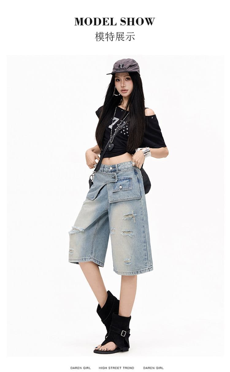 실사 센스 찢어진 부분 청바지 2026 여름 새로운 페이크 레이어드 랩스커트팬츠 하이웨이스트 슬림해 보이는 7 점 스트레이트 와이드 레그 팬츠 상세 이미지 13