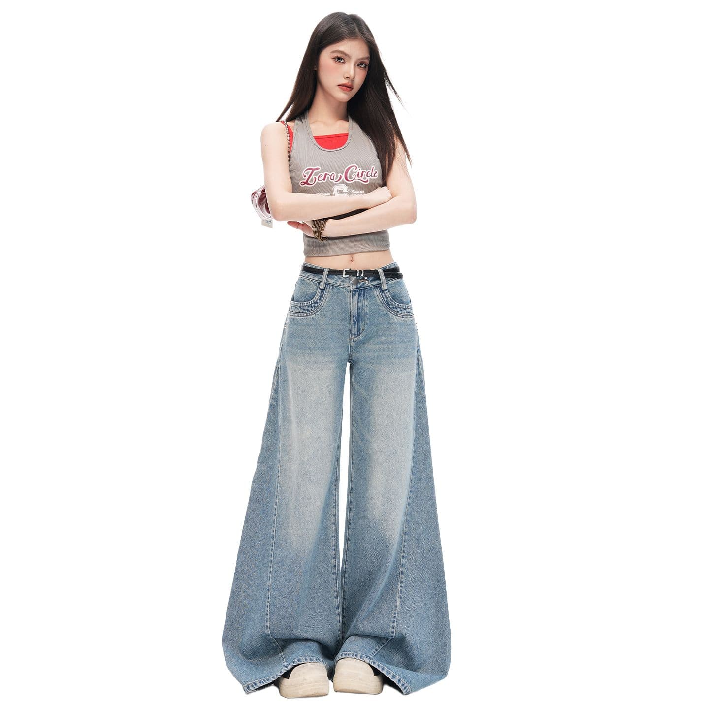 실사 아메리칸 레트로 해체 디자인 루즈핏 나팔 넓은 다리 청바지 여성 이미지 5