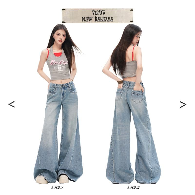 실사 아메리칸 레트로 해체 디자인 루즈핏 나팔 넓은 다리 청바지 여성 상세 이미지 2