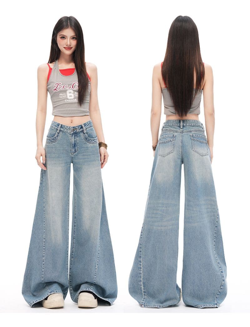 실사 아메리칸 레트로 해체 디자인 루즈핏 나팔 넓은 다리 청바지 여성 상세 이미지 6