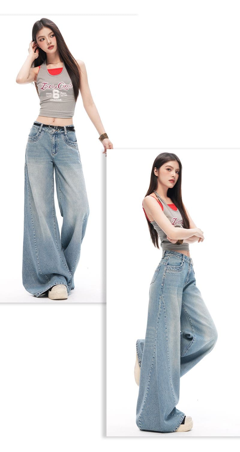 실사 아메리칸 레트로 해체 디자인 루즈핏 나팔 넓은 다리 청바지 여성 상세 이미지 10