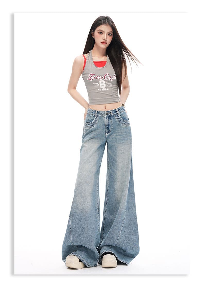 실사 아메리칸 레트로 해체 디자인 루즈핏 나팔 넓은 다리 청바지 여성 상세 이미지 11