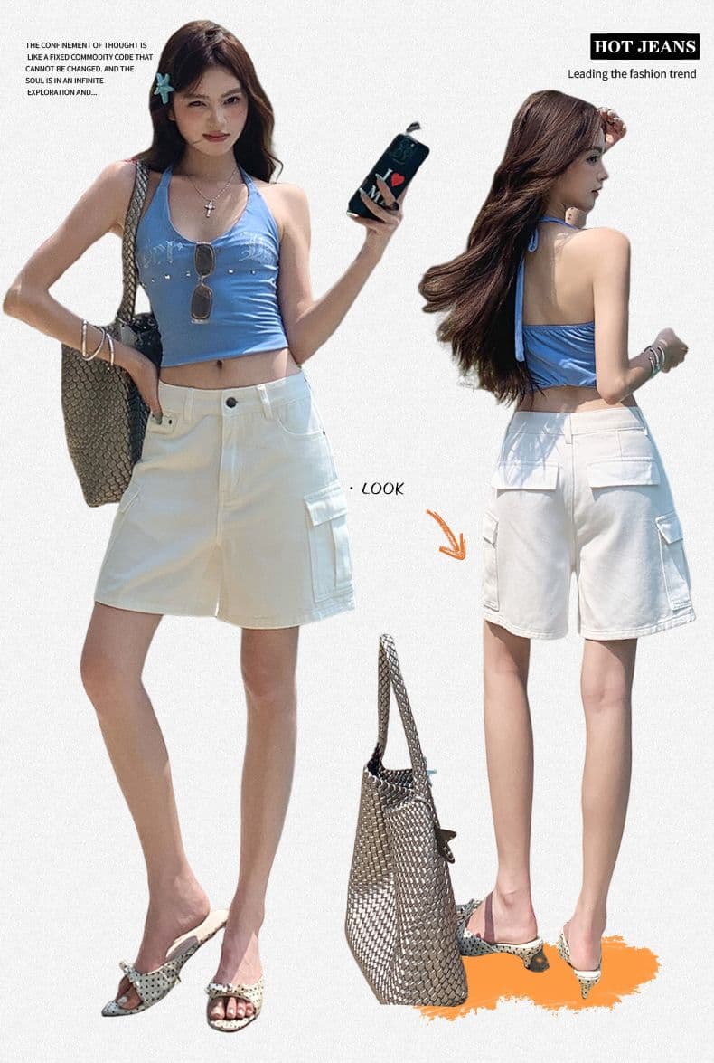 실사 워싱 마 오래된 순면 워크웨어 청바지 여성 여름 새로운 루즈핏 캐주얼 4 점 화이트 반바지 상세 이미지 1