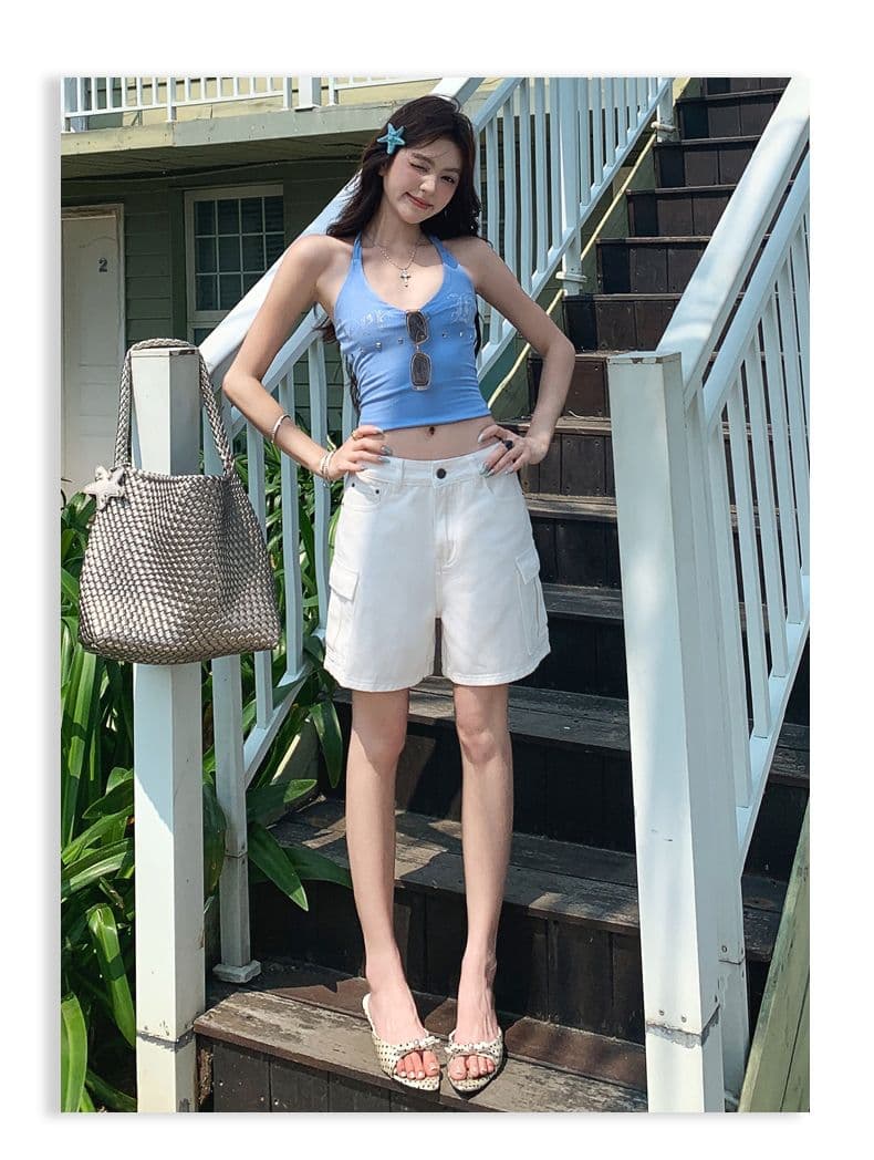 실사 워싱 마 오래된 순면 워크웨어 청바지 여성 여름 새로운 루즈핏 캐주얼 4 점 화이트 반바지 상세 이미지 10