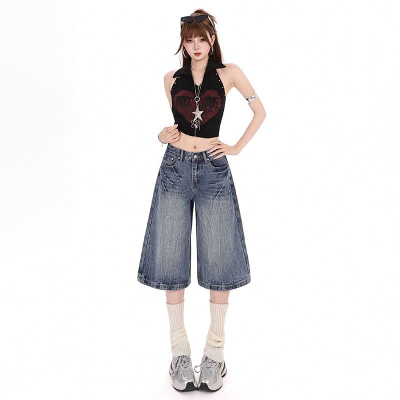 실사 아메리칸 레트로 무거운 작업 워싱 마 오래된 루즈핏 청바지 여성 여름 스트레이트 넓은 다리 7부 바지 이미지 3