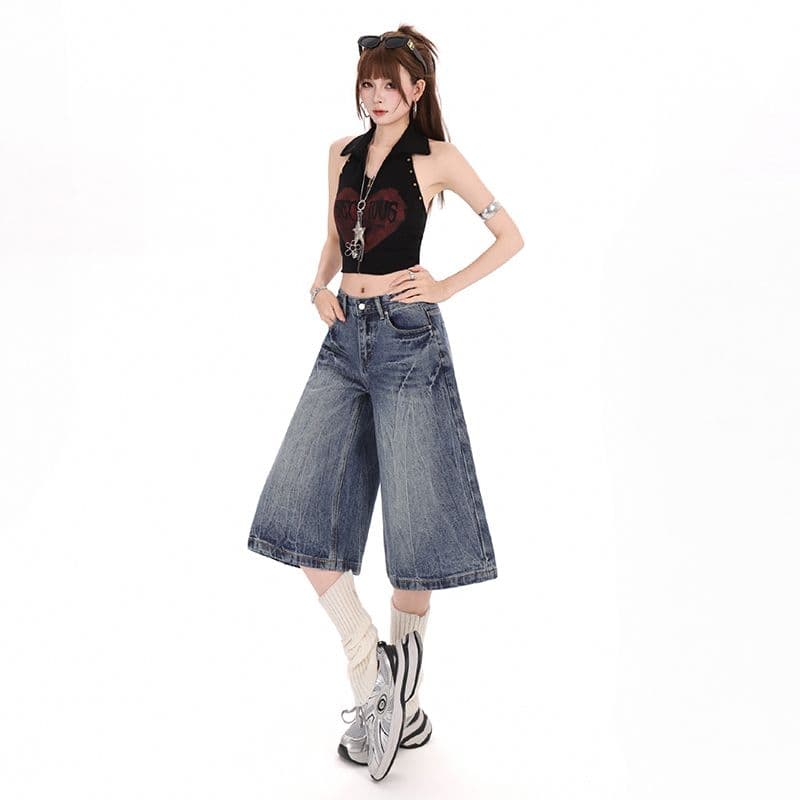 실사 아메리칸 레트로 무거운 작업 워싱 마 오래된 루즈핏 청바지 여성 여름 스트레이트 넓은 다리 7부 바지 이미지 4