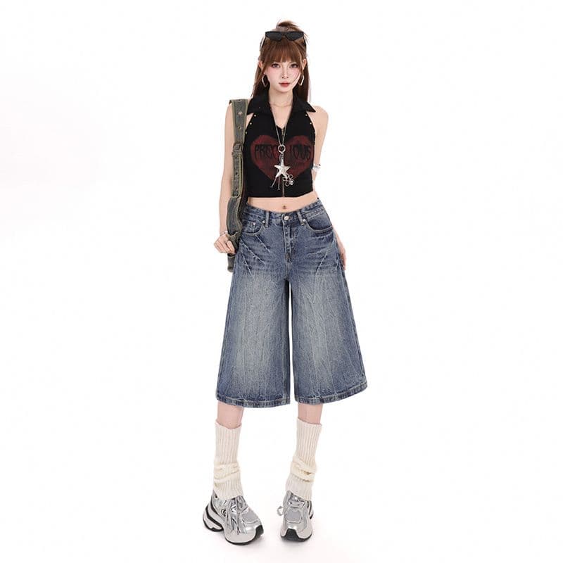실사 아메리칸 레트로 무거운 작업 워싱 마 오래된 루즈핏 청바지 여성 여름 스트레이트 넓은 다리 7부 바지