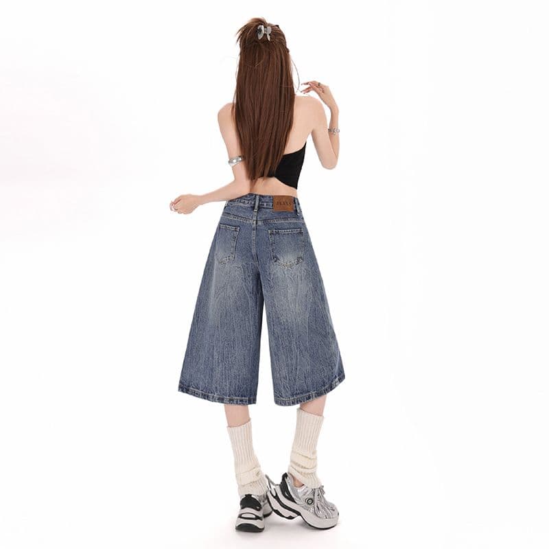 실사 아메리칸 레트로 무거운 작업 워싱 마 오래된 루즈핏 청바지 여성 여름 스트레이트 넓은 다리 7부 바지 이미지 5