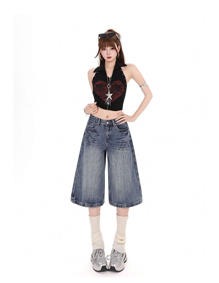 실사 아메리칸 레트로 무거운 작업 워싱 마 오래된 루즈핏 청바지 여성 여름 스트레이트 넓은 다리 7부 바지 상세 이미지 12