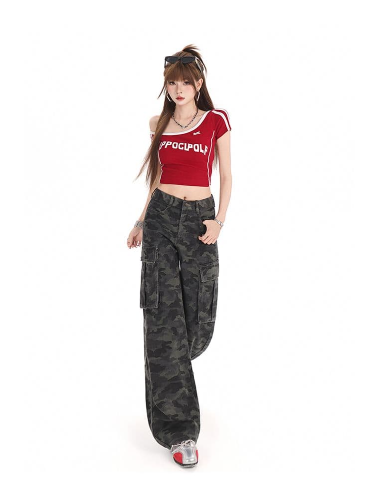 실사 아메리칸 스트레이트 카모플라주 워크웨어 팬츠 여성 다용도 하이웨이스트 루즈핏 슬림해 보이는 넓은 다리 데님 바닥 청소 바지 상세 이미지 12