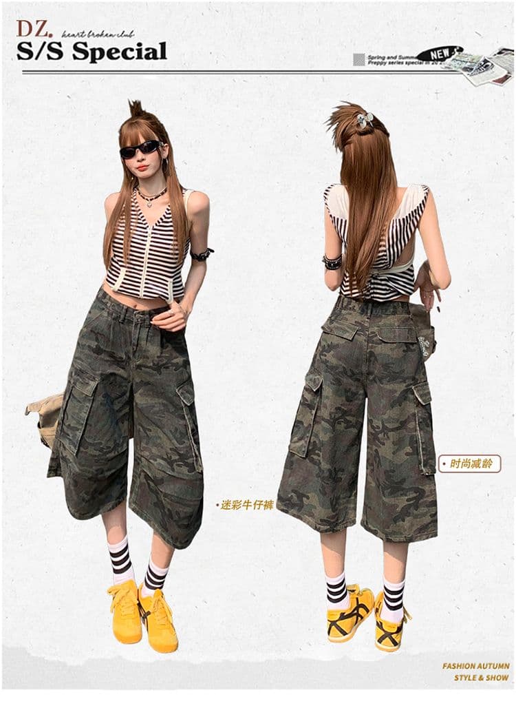 실사 아메리칸 카모플라주 데님 7부 바지 여성 여름 루즈핏 워크웨어 팬츠 디자인 센스 다용도 바지 상세 이미지 1